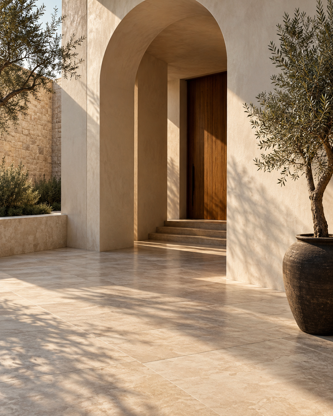 Architectural inspiration: a sunlit courtyard with warm plaster walls and carefully finished tiled floors