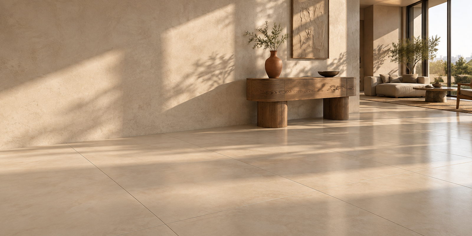 Interior inspiration with warm porcelain tiles and natural sunlight